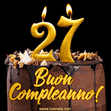 GIF animato con una torta al cioccolato decorata con crema, dettagli dorati e due candele accese che formano il numero 27. Messaggio 'Buon Compleanno' in scritta elegante.