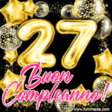 Animazione con palloncini dorati a forma del numero 27, circondati da decorazioni scintillanti e la scritta 'Buon Compleanno!' in caratteri rosa accattivanti.