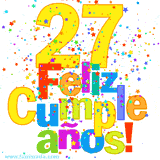 GIF festivo lleno de confeti de colores, el número 27 grande en amarillo y la frase 'Feliz cumpleaños' en letras multicolores y brillantes.