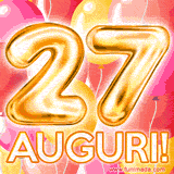 Bouquet animato di palloncini multicolori che emergono da una scatola regalo, con il numero 27 e la scritta 'Tanti Auguri!' su uno sfondo pieno di coriandoli.