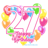 An animated birthday greeting card with a large '27' in pink outline surrounded by colorful balloons heart-shaped frame, and 'Happy Birthday!' written below in hand-written font.