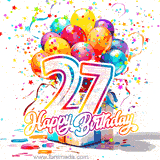 A festive birthday age GIF with animated star confetti, colorful balloons, and a gift box with the number 27. The text reads 'Happy Birthday'.