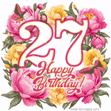 A celebratory GIF image features the animated number '27' and the words 'Happy Birthday!' surrounded by pink and yellow flowers. Two moving butterflies are included in this festive design.