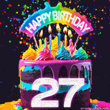 Chocolate cake with cyan layers, pink dressing and a big number 27 adorned with vibrant multicolored frosting, lit candles, and a rainbow topper with text that says 'Happy Birthday'. Animated colorful confetti move behind the cake.