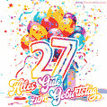 Animiertes Konfetti, mehrfarbige Luftballons und eine Geschenkbox in einem fröhlichen GIF zum 27. Geburtstag