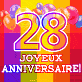 GIF animé 28 ans avec des ballons colorés, un grand chiffre 28 et 'Joyeux Anniversaire!' sur un fond éclatant.