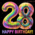 Shiny number 28 birthday celebration balloons with an iridescent glow, animated GIF