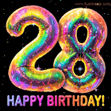 Shiny number 28 birthday celebration balloons with an iridescent glow and glitter on a black background with twinkling stars.