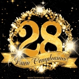 Il numero 28 è circondato da un anello dorato brillante, accompagnato da un nastro elegante con la scritta 'Buon Compleanno!' su uno sfondo scuro.