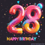 A vibrant age-specific birthday short animation displays the number '28' in shiny balloon-like letters with the words 'Happy Birthday' underneath. The dark background is punctuated with festive stars and balloons.