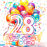 Animazione con palloncini colorati e scintillanti, accompagnata dal numero 28 in caratteri grandi e luminosi, e la scritta 'Tanti Auguri!' in stile vivace.