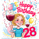 An animated birthday GIF featuring a smiling cartoon woman holding a glass of wine. Text reads 'Happy Birthday 28' surrounded by colorful balloons and confetti.