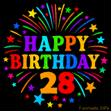 A birthday cake with lit candles is shown with colorful balloons and animated confetti.