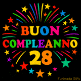 GIF animata 'Buon Compleanno 28' con lettere colorate e fuochi d'artificio
