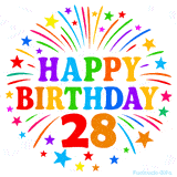 Festive 'Happy Birthday 28' animated GIF with rainbow-colored letters surrounded by fireworks and stars