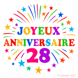 GIF animé joyeux anniversaire 28 ans avec étoiles multicolores et feu d’artifice