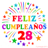 Imagen animada para felicitar los 28 años con letras de colores y diseño festivo.