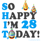A fun birthday animation celebrating turning 28 with colorful party hats, smiling faces, and cheerful emojis.