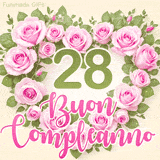 GIF per il 28° compleanno con un cuore di rose rosa e scritta elegante