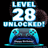 Animated GIF for a 28 birthday. The text 'Level 28 Unlocked!' and 'Happy Birthday!' are displayed over a blue video game controller with exploding fireworks in the background.