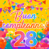 Un GIF animato per un 28° compleanno, Presenta il testo 'Buon Compleanno 28' su uno sfondo giallo vivo con palloncini colorati, festoni e una pioggia di coriandoli.