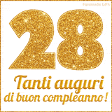 GIF animata per un 28° compleanno, Mostra il numero 28 in grandi caratteri dorati pieni di glitter scintillante, Sotto, la scritta 'Tanti auguri di buon compleanno!' in un elegante oro.
