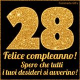 Un GIF animato per un 28° compleanno, Presenta il testo 'Buon Compleanno 28' su uno sfondo giallo vivo con palloncini colorati, festoni e una pioggia di coriandoli.