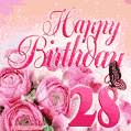 Beautiful Roses & Butterflies - 28 Years Happy Birthday Card for Her