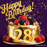 A delicious-looking animated birthday card for a 28th birthday, decorated with raspberries, blackberries, and gold details, Stars sparkle and fall, with 'Happy Birthday!' text above.