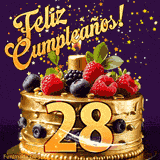 Una animación de celebración de una tarta para el 28º cumpleaños, Estrellas doradas caen del cielo, destacando el texto '¡Feliz Cumpleaños!' y el número dorado 28 en la tarta.