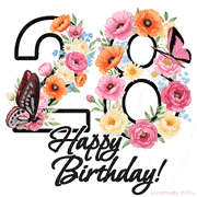A floral 28th birthday animated greeting card. The number '28' is surrounded by animated flowers and butterflies, creating a beautiful and cheerful way to celebrate the milestone.