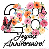 Ce GIF de Joyeux 28ème Anniversaire présente le nombre vingt rempli d'un bouquet vibrant de fleurs animées, avec des papillons qui bougent doucement sur un fond blanc.