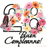 Questo GIF di Buon 28° Compleanno mostra il numero venti riempito con un vibrante bouquet di fiori animati, con farfalle che si muovono dolcemente su uno sfondo bianco.