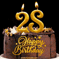 28 Birthday Chocolate Cake with Gold Glitter Number 28 Candles (GIF)