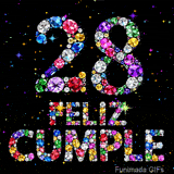 Las palabras FELIZ CUMPLE y el número 28 están hechos con gemas luminosas de muchos colores, ubicadas sobre un fondo negro con destellos.