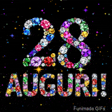 Immagine che mostra il numero 28 e il testo Auguri composti da cristalli luminosi di vari colori su una tela nera piena di stelle animate.