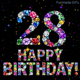 Brightly colored sparkling crystals shape the digit 28 and Happy Birthday lettering, positioned on a dark space featuring small animated glowing colored stars.