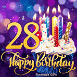 A blue-wrapped cupcake with burning candles near a large gold number 28. Cursive Happy Birthday text is below against a sparkling purple bokeh.