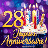 GIF d'anniversaire 28 ans avec le chiffre 28 doré, un petit gâteau aux bougies colorées et un fond lila à effets bokeh.