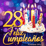 GIF de cumpleaños 28 años con el número 28 dorado, un dulce cupcake con velas coloridas y fondo de luces bokeh.
