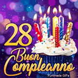 GIF di compleanno 28 anni con il numero 28 dorato, un delizioso cupcake con candele colorate e sfondo bokeh.