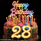 Spinning 28th birthday GIF showing a rotating rainbow drip cake with bright lit candles and glowing number 28.