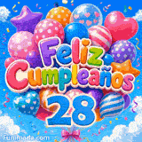 GIF de cumpleaños 28 años con el número 28 azul, un grupo de globos coloridos y confeti volando al viento.
