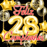 A large of balloons in various shapes, sizes, and colors with the words 'Happy Birthday' and a number 28