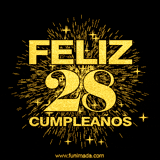 GIF animado con un diseño dorado, mostrando el número 28 rodeado de fuegos artificiales y luces que resaltan una atmósfera festiva y vibrante.