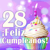 Animación de un cupcake con cobertura blanca, confites de colores, una vela encendida y el número 28 en grande sobre un fondo púrpura con luces brillantes.
