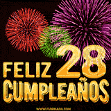 GIF animado con el número 28 en dorado, rodeado de fuegos artificiales rojos, verdes y morados, con el mensaje 'Feliz cumpleaños' en letras doradas.