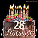 Animación de un pastel de chocolate decorado con frutas, velas encendidas y el número 28, acompañado de la palabra '¡Felicidades!' en elegante tipografía.