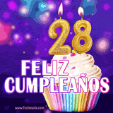 GIF animado de un cupcake decorado con confites, dos velas doradas encendidas formando el número 28, sobre un fondo púrpura brillante con destellos.
