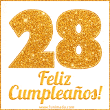 Imagen animada con el número 28 en diseño dorado brillante acompañado de la frase 'Feliz cumpleaños' sobre un fondo blanco simple y elegante.